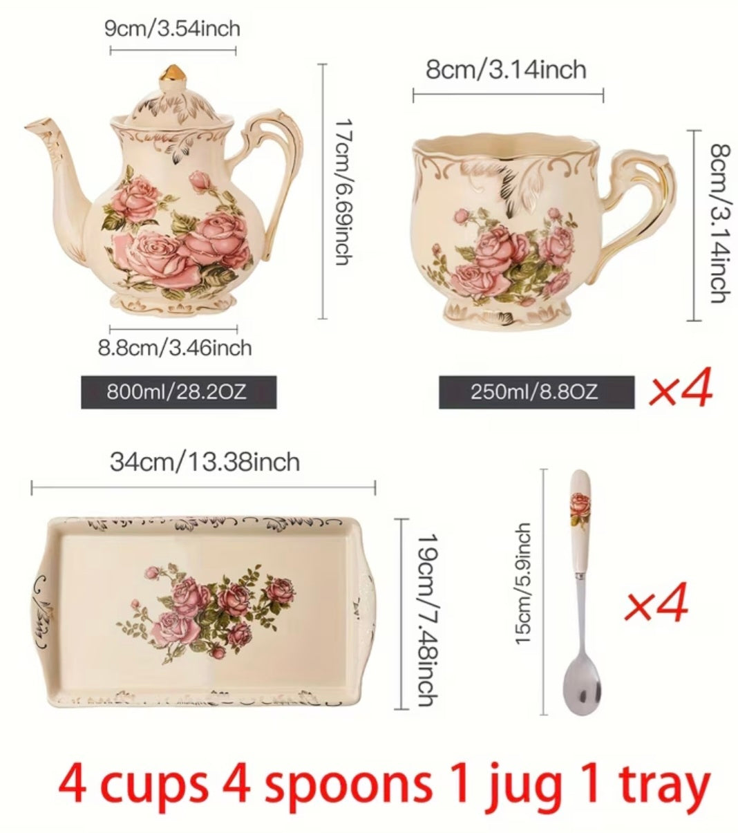 Vintage Rose Porcelain Tea Set — Complete Service for Four
