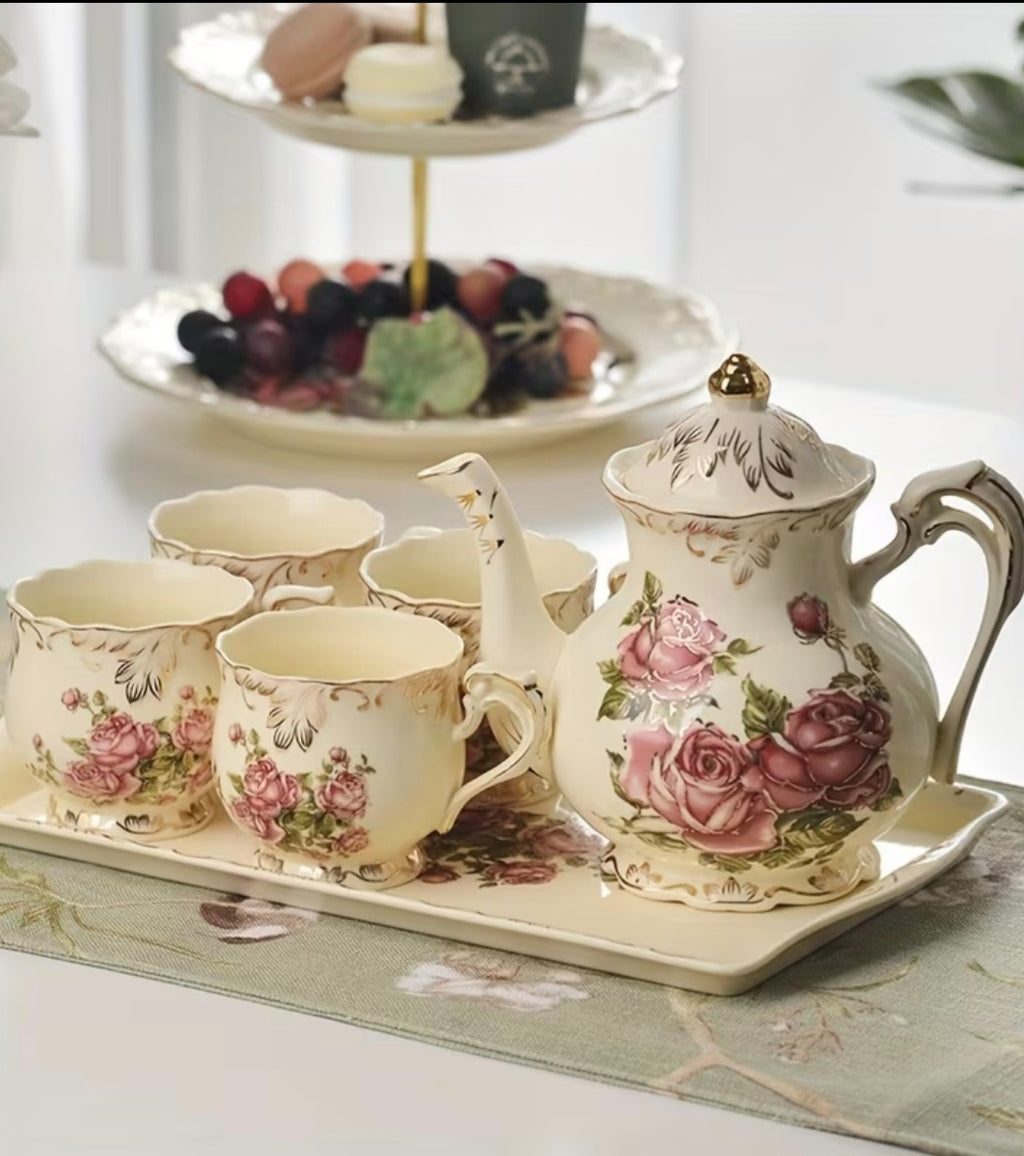 Vintage Rose Porcelain Tea Set — Complete Service for Four