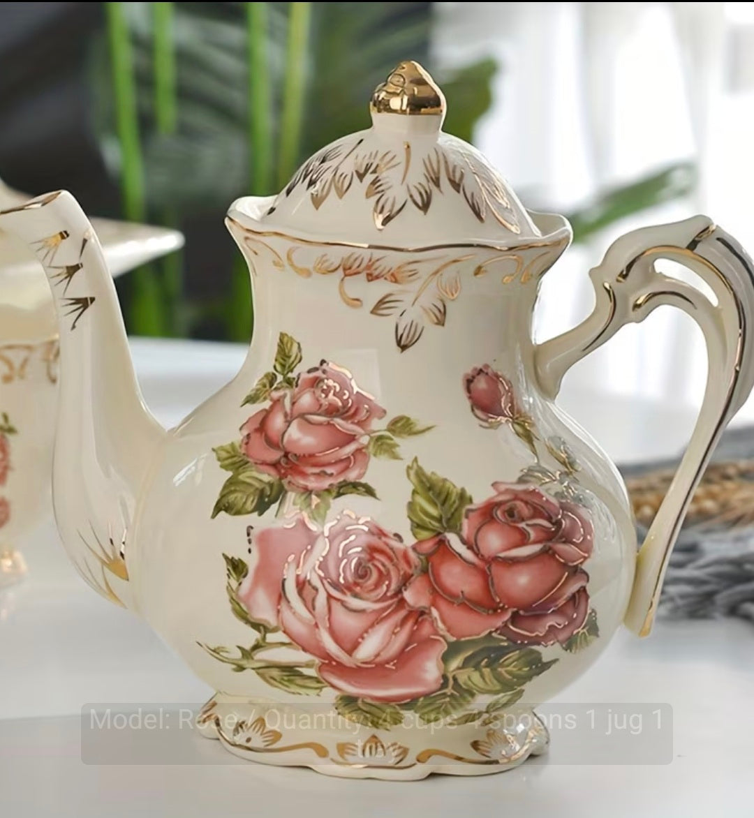 Vintage Rose Porcelain Tea Set — Complete Service for Four