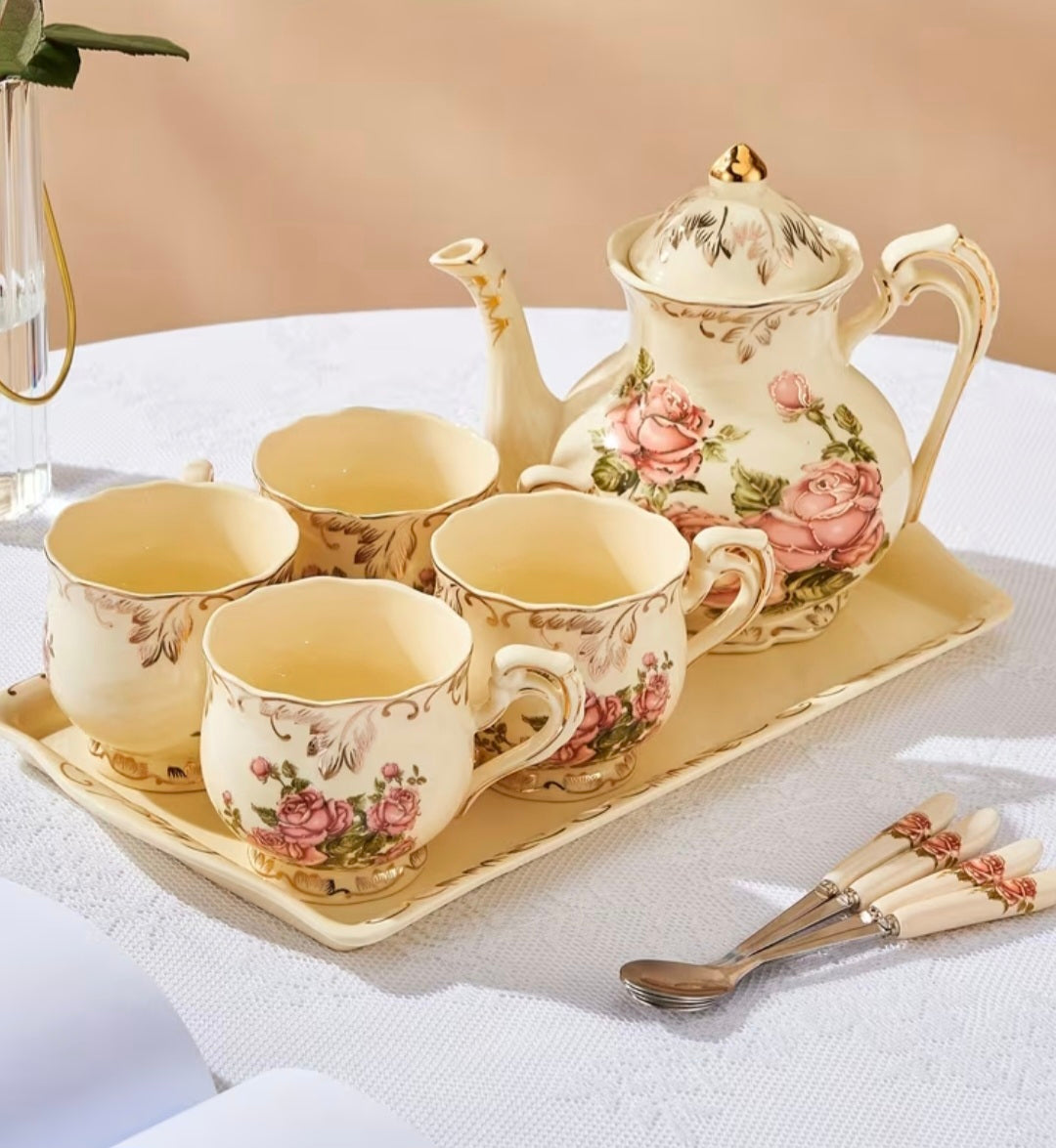 Vintage Rose Porcelain Tea Set — Complete Service for Four