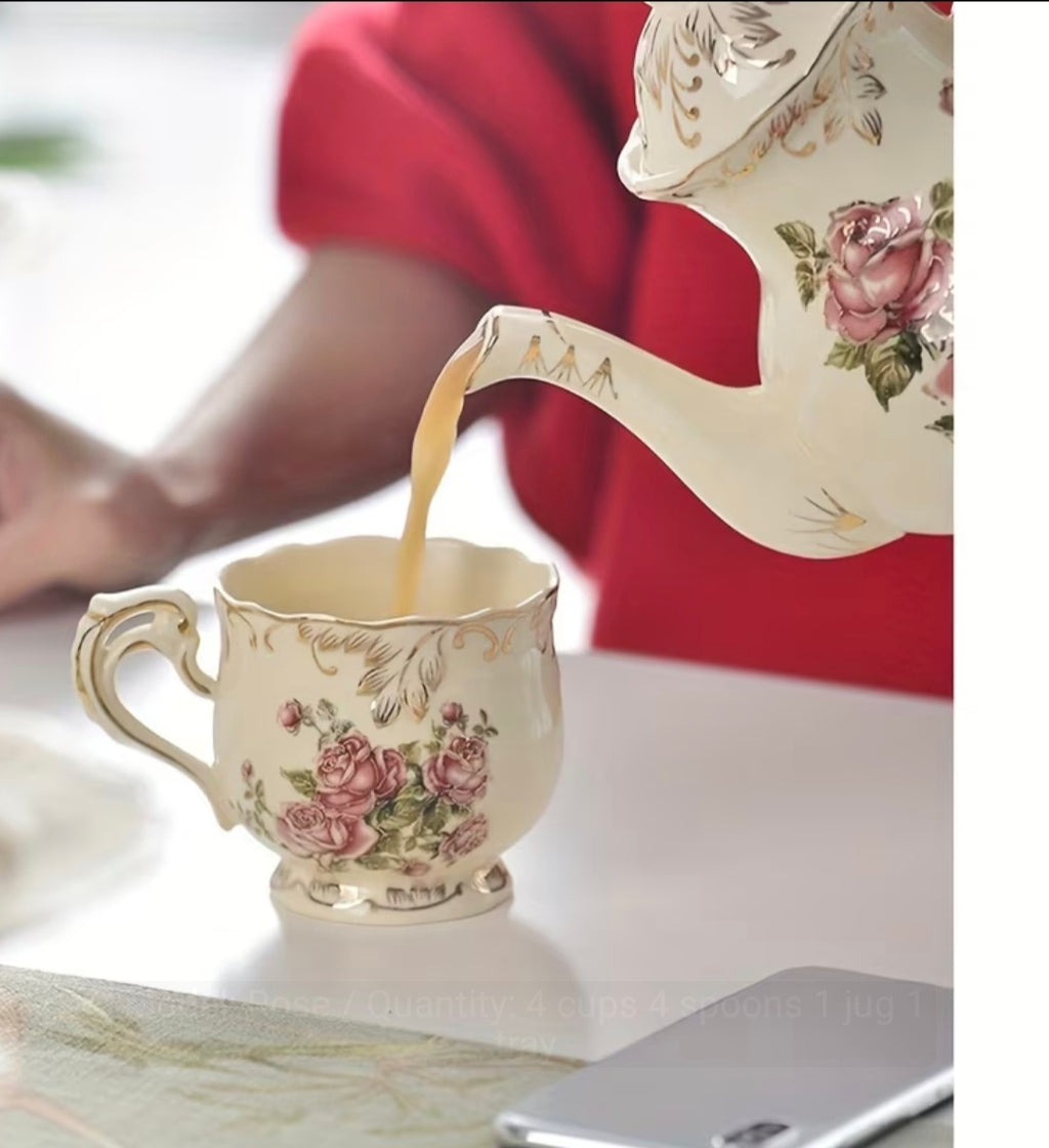 Vintage Rose Porcelain Tea Set — Complete Service for Four
