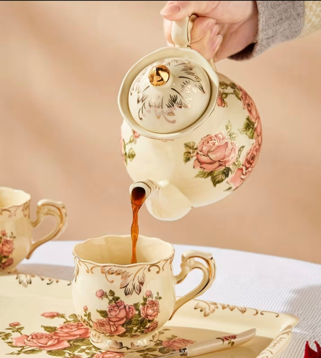 Vintage Rose Porcelain Tea Set — Complete Service for Four
