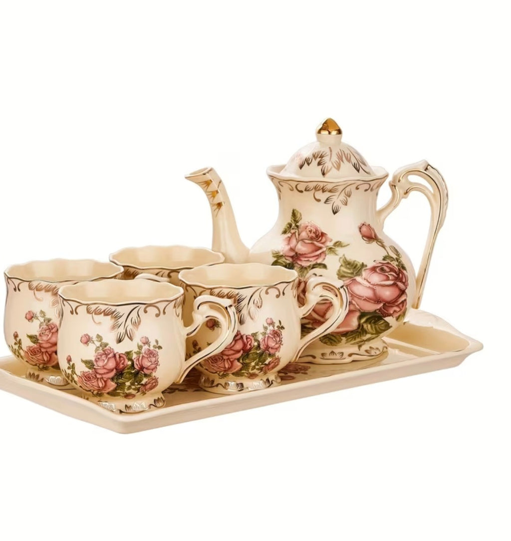 Vintage Rose Porcelain Tea Set — Complete Service for Four