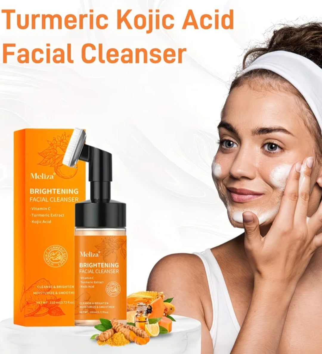 Turmeric VC Foaming Cleanser Turmeric Kojic Acid Facial Cleanser with Brush Dense Foam Moisturizing