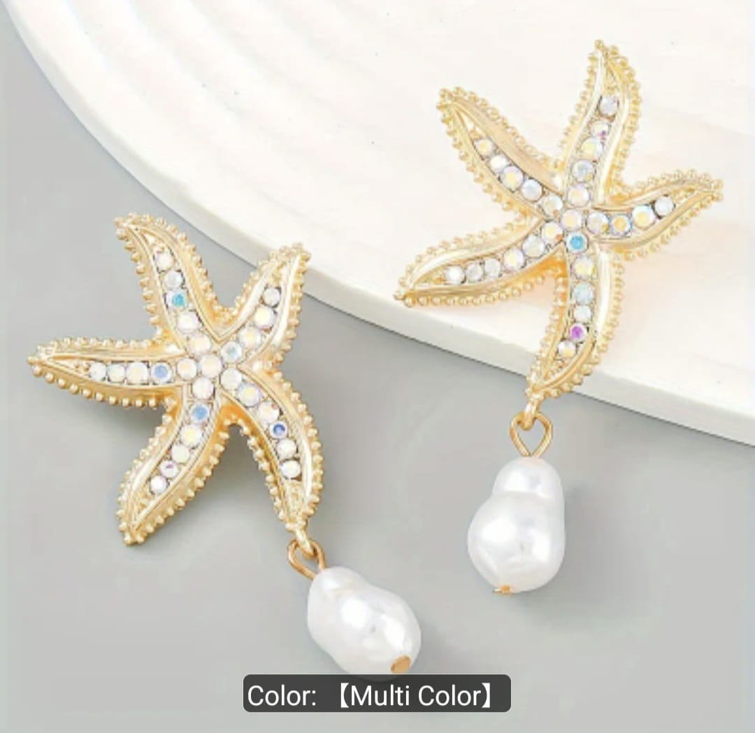 Ocean-Themed Starfish Earrings with Faux Pearl Drops