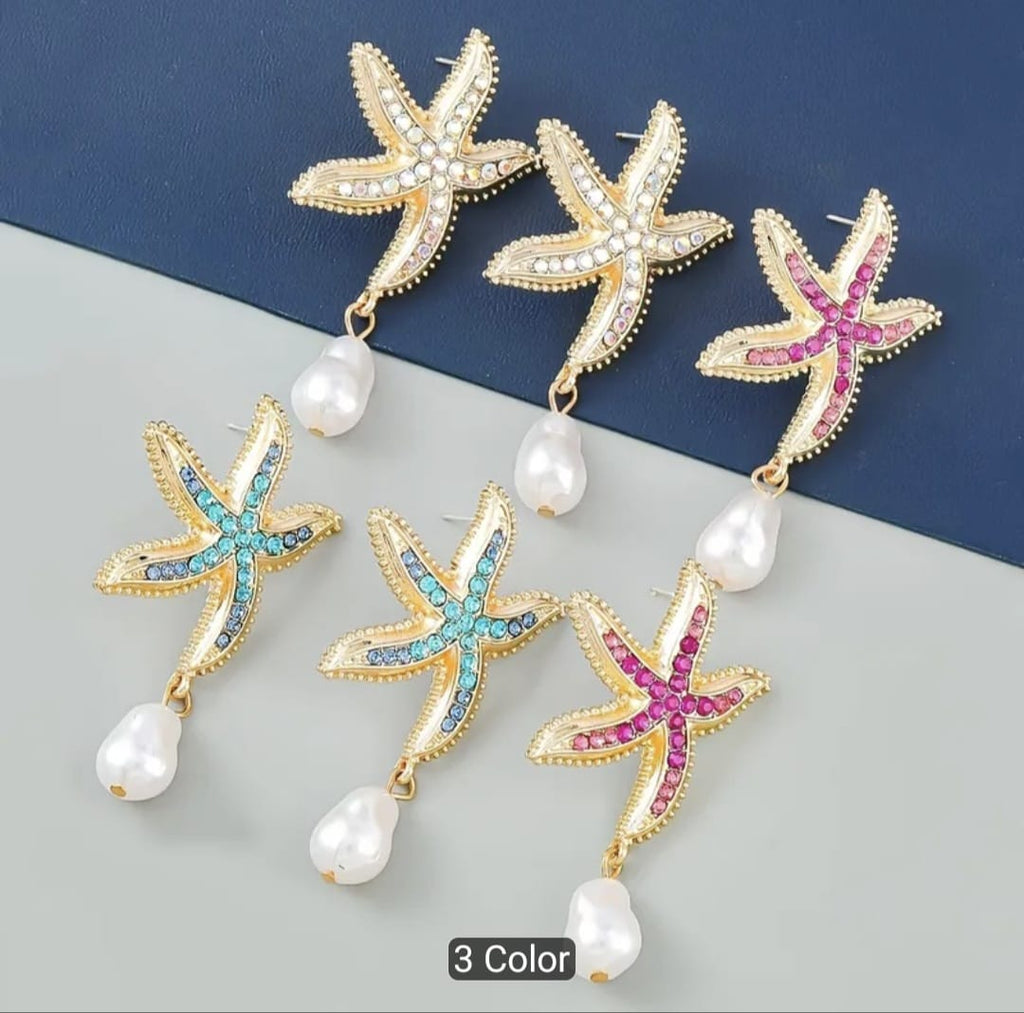 Ocean-Themed Starfish Earrings with Faux Pearl Drops