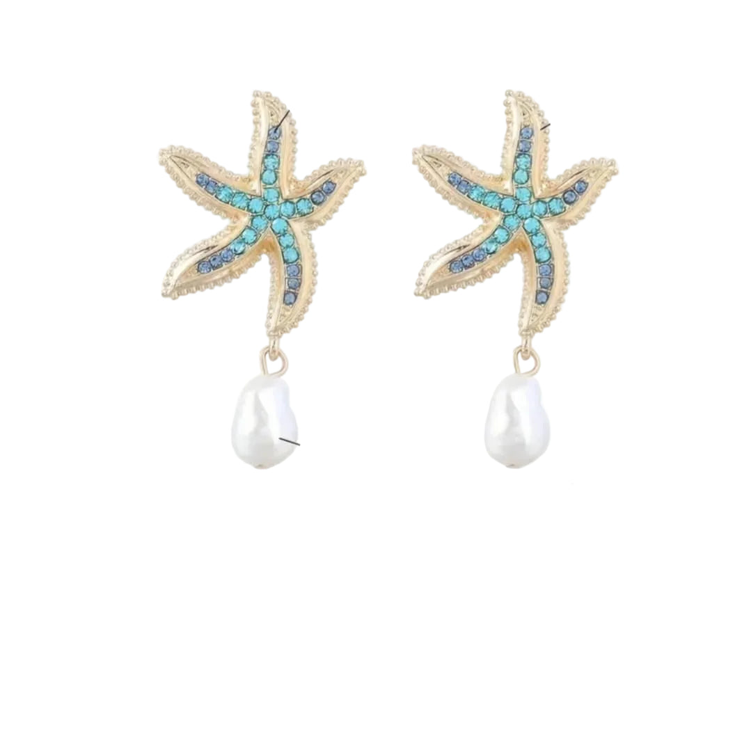 Ocean-Themed Starfish Earrings with Faux Pearl Drops