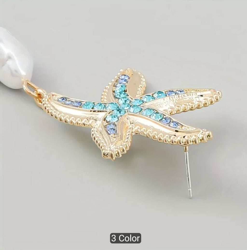Ocean-Themed Starfish Earrings with Faux Pearl Drops