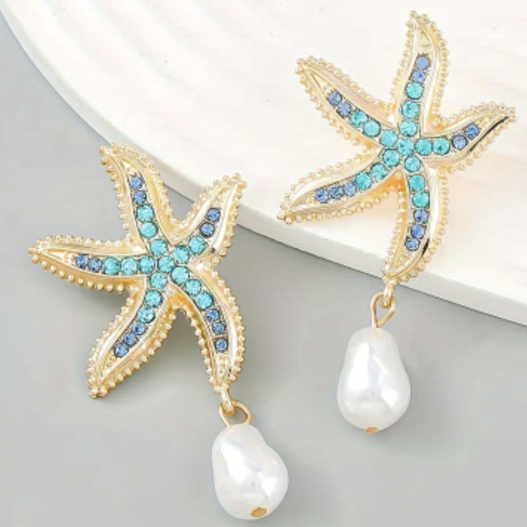 Ocean-Themed Starfish Earrings with Faux Pearl Drops