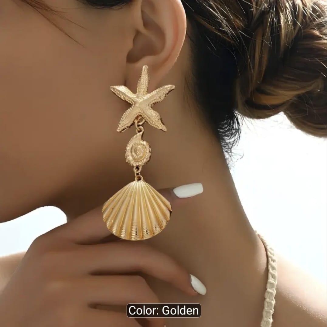 Bohemian Gold Starfish & Scallop Drop Earrings