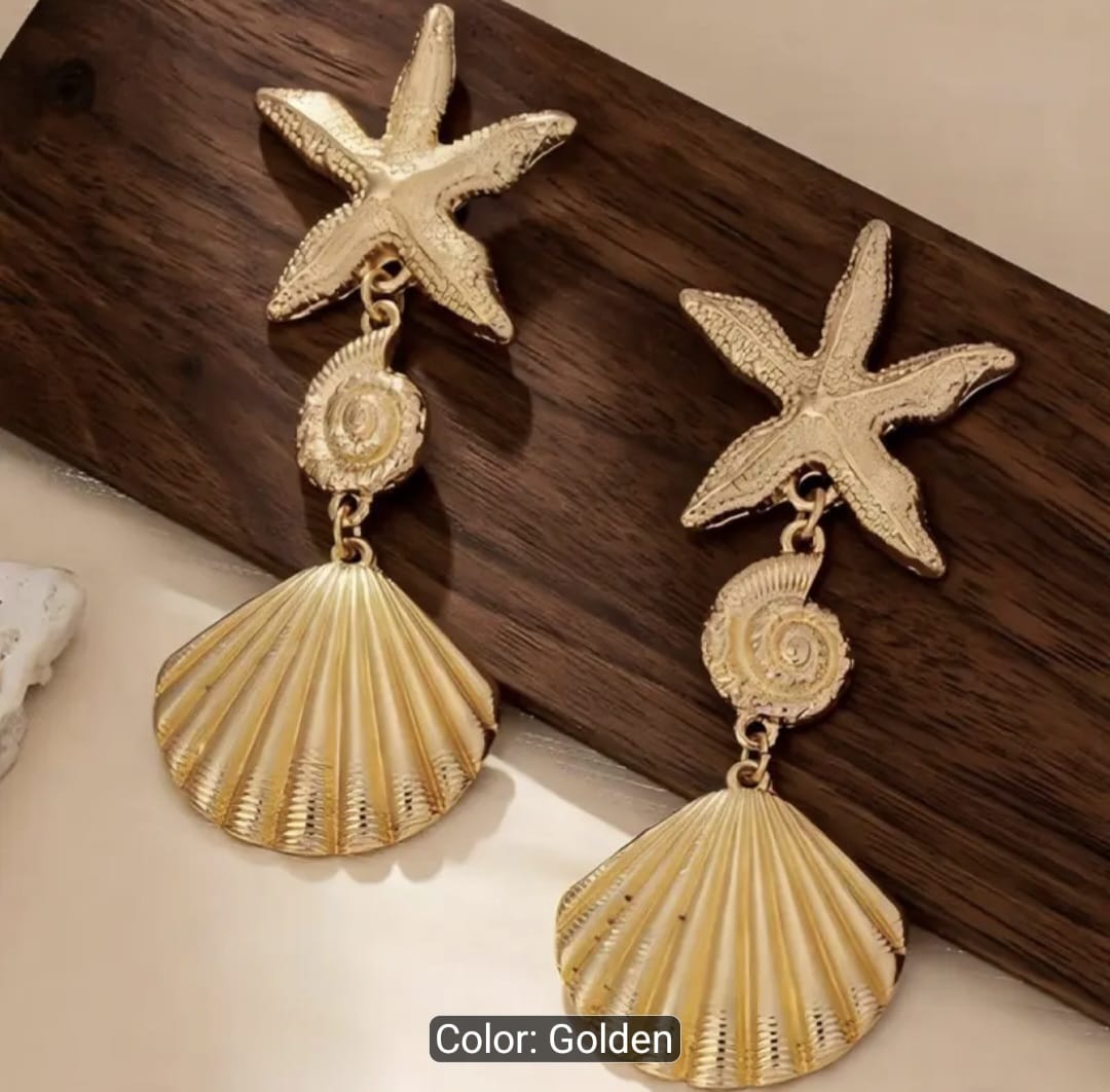 Bohemian Gold Starfish & Scallop Drop Earrings