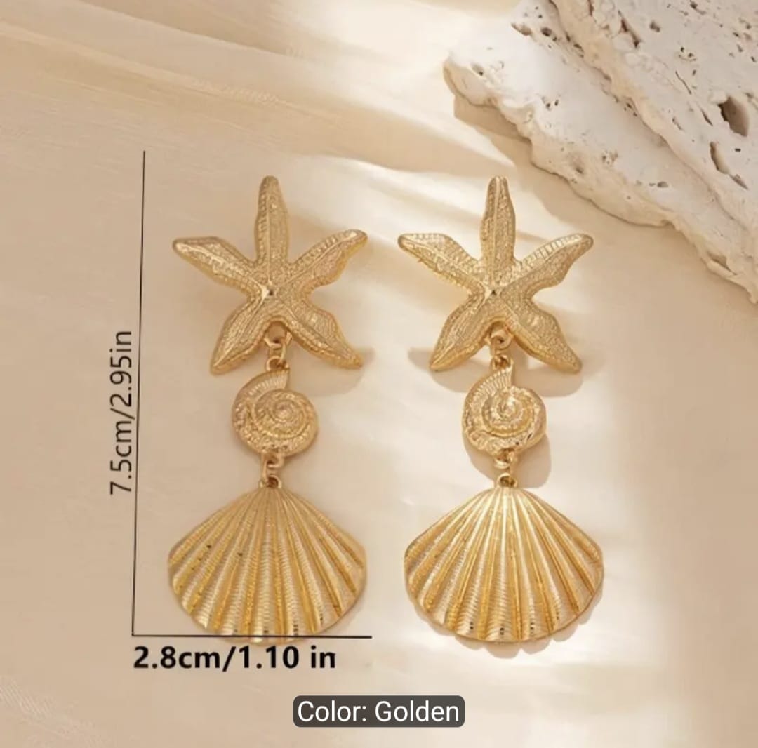 Bohemian Gold Starfish & Scallop Drop Earrings