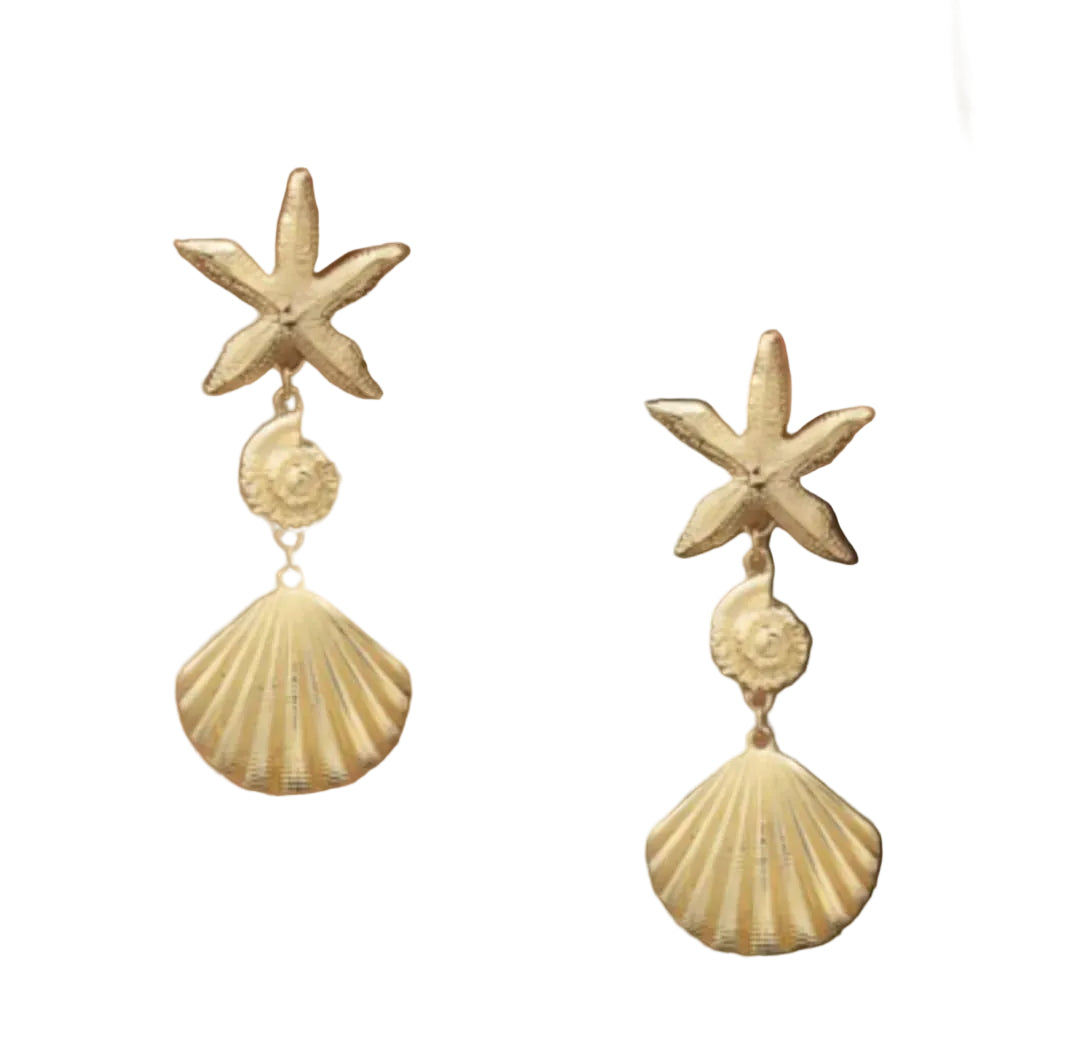 Bohemian Gold Starfish & Scallop Drop Earrings