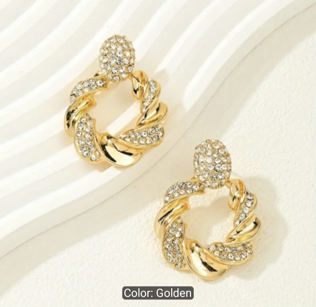 European Rhinestone Metal Twist Circle Earrings