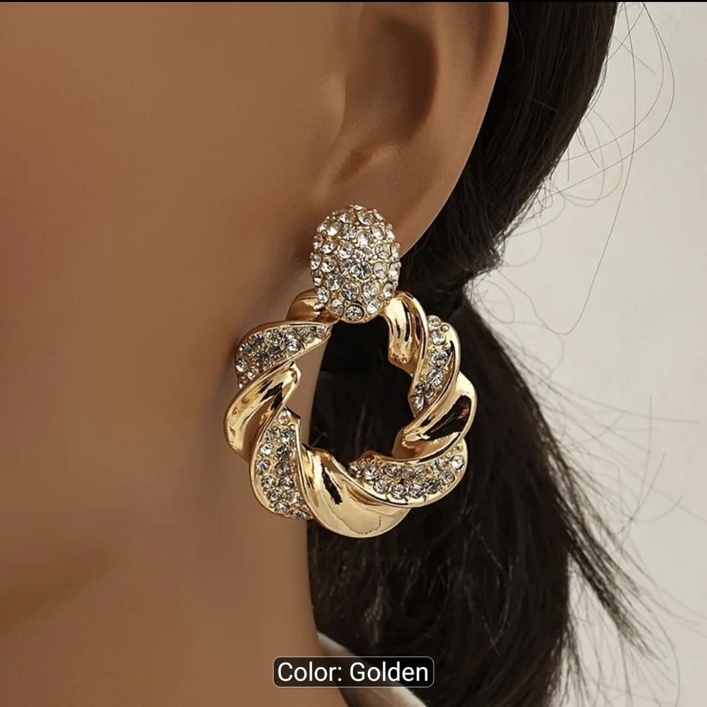 European Rhinestone Metal Twist Circle Earrings
