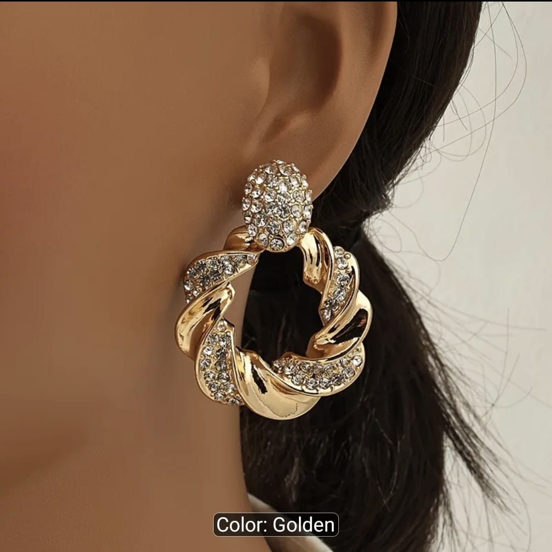European Rhinestone Metal Twist Circle Earrings