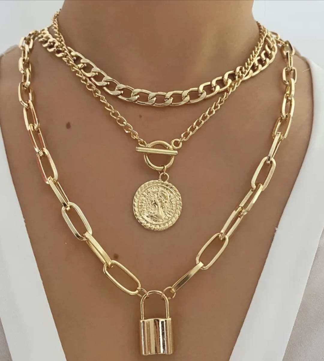 Vintage Hip-Hop Layered OT Buckle Necklace Set
