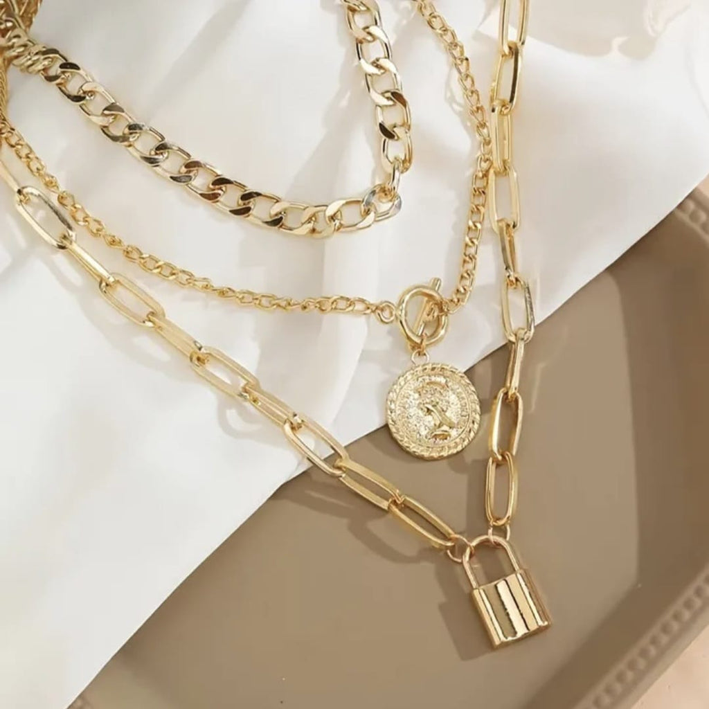 Vintage Hip-Hop Layered OT Buckle Necklace Set